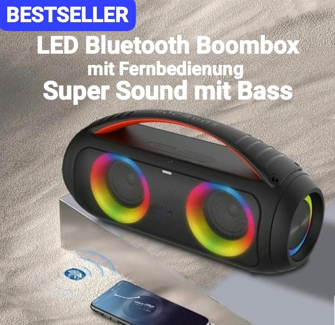 Tragbarer Bluetooth 5.2 Surround Sound Boom Box 40W LED RGB Beleuchtet